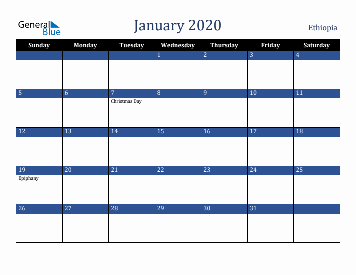 January 2020 Ethiopia Calendar (Sunday Start)