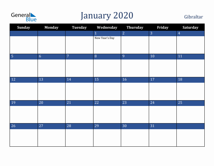 January 2020 Gibraltar Calendar (Sunday Start)