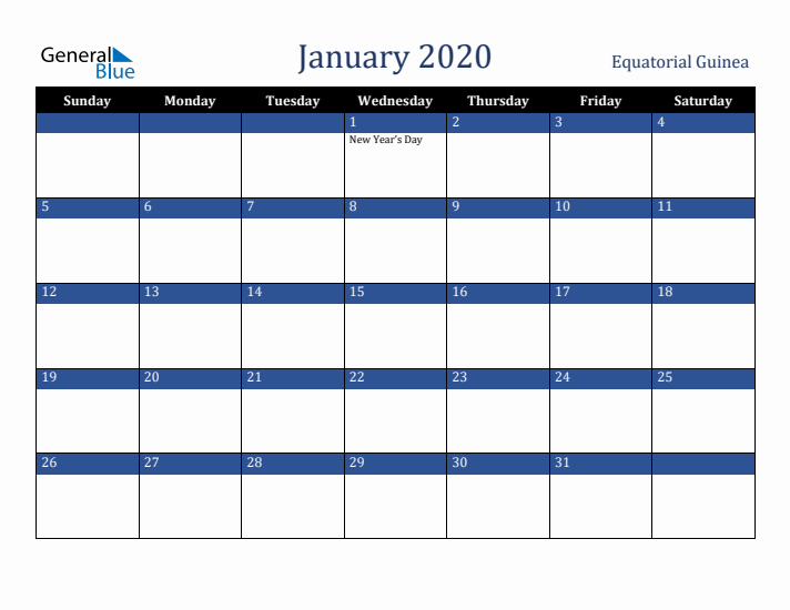 January 2020 Equatorial Guinea Calendar (Sunday Start)
