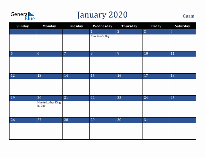 January 2020 Guam Calendar (Sunday Start)