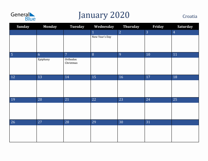 January 2020 Croatia Calendar (Sunday Start)