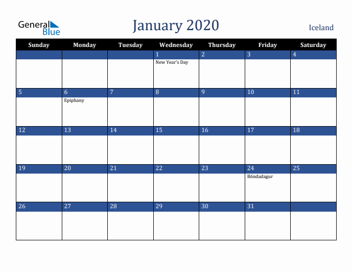 January 2020 Iceland Calendar (Sunday Start)