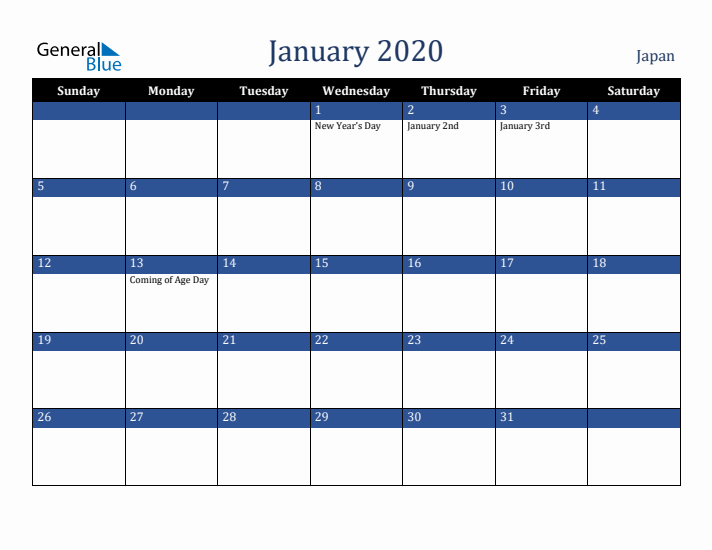 January 2020 Japan Calendar (Sunday Start)