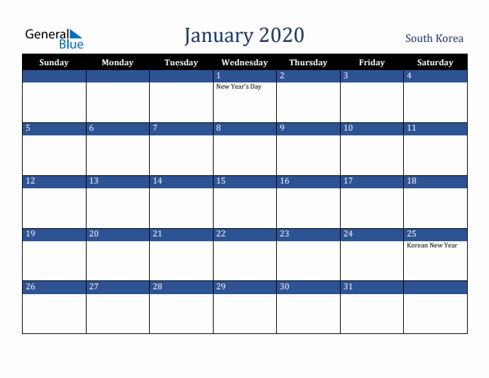 January 2020 South Korea Calendar (Sunday Start)