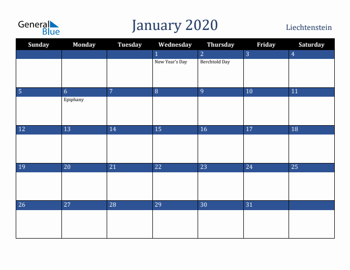 January 2020 Liechtenstein Calendar (Sunday Start)