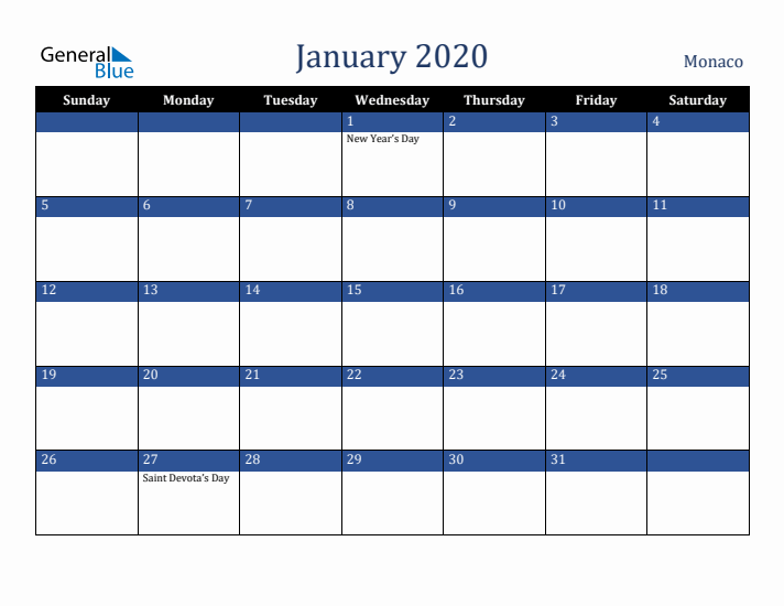 January 2020 Monaco Calendar (Sunday Start)