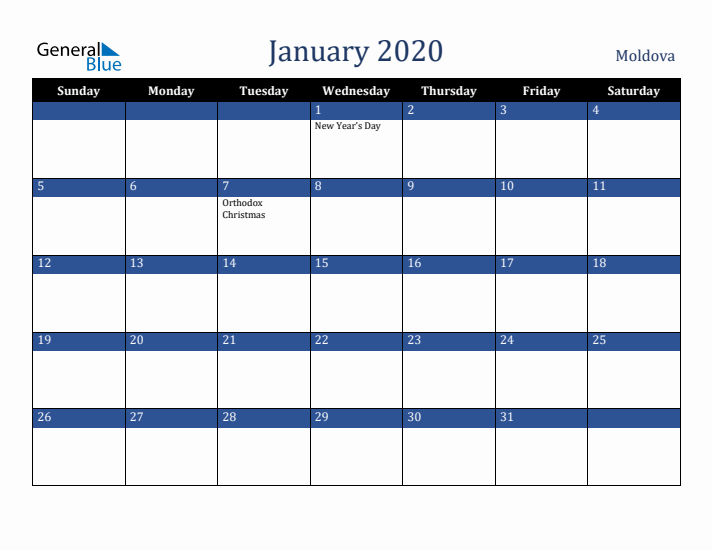 January 2020 Moldova Calendar (Sunday Start)