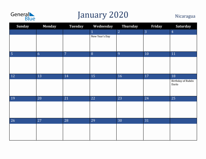 January 2020 Nicaragua Calendar (Sunday Start)