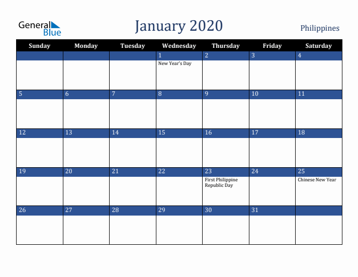 January 2020 Philippines Calendar (Sunday Start)