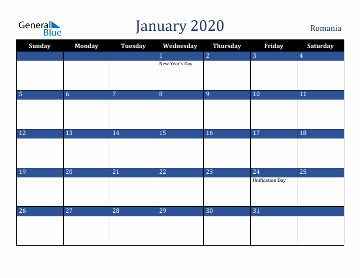 January 2020 Romania Calendar (Sunday Start)