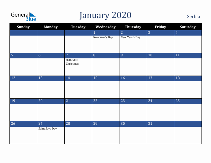 January 2020 Serbia Calendar (Sunday Start)