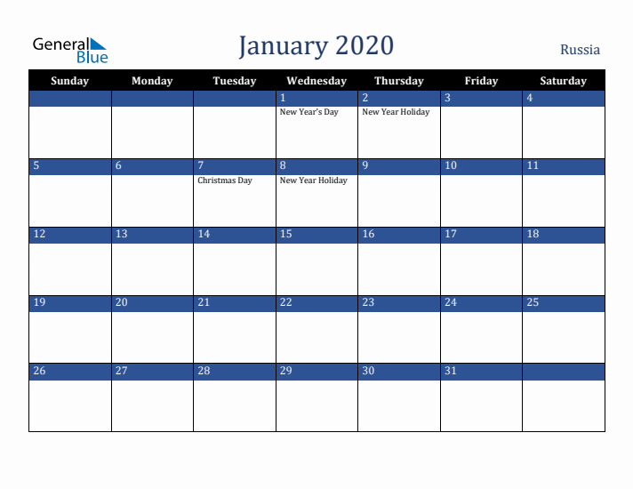 January 2020 Russia Calendar (Sunday Start)