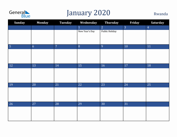 January 2020 Rwanda Calendar (Sunday Start)
