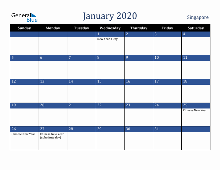 January 2020 Singapore Calendar (Sunday Start)