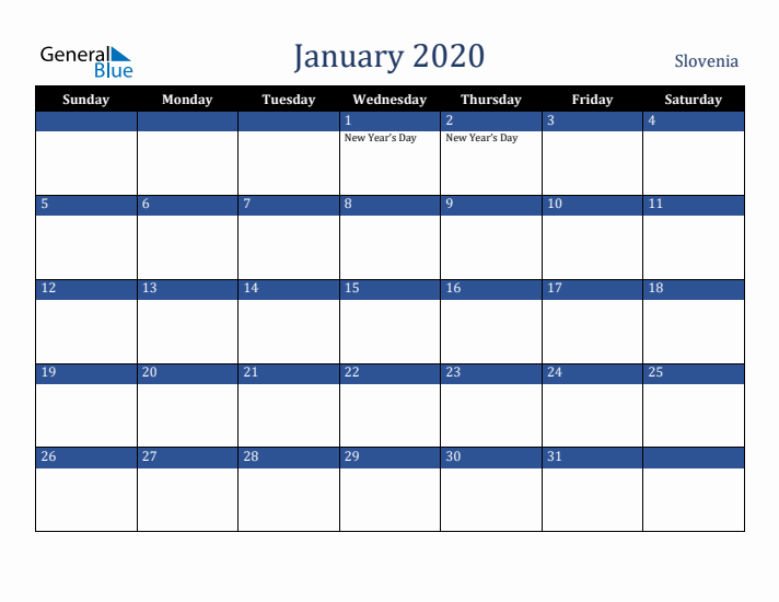 January 2020 Slovenia Calendar (Sunday Start)