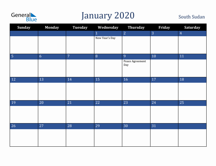 January 2020 South Sudan Calendar (Sunday Start)