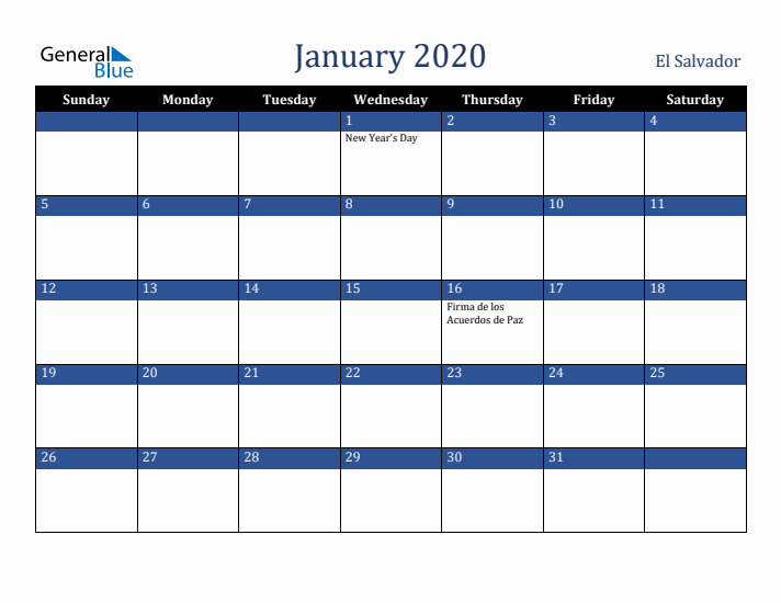 January 2020 El Salvador Calendar (Sunday Start)