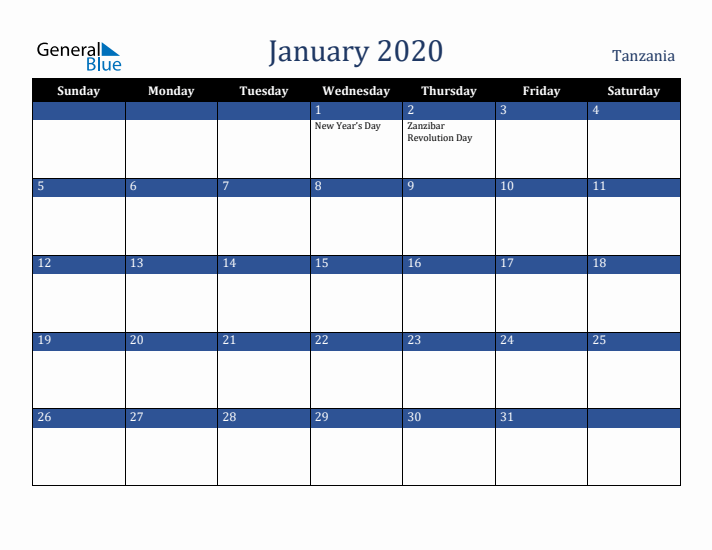 January 2020 Tanzania Calendar (Sunday Start)