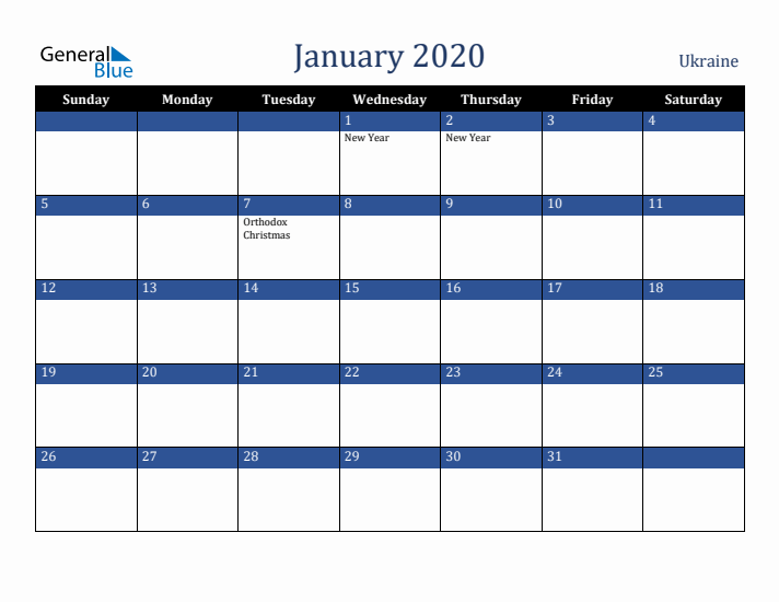 January 2020 Ukraine Calendar (Sunday Start)