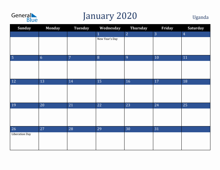 January 2020 Uganda Calendar (Sunday Start)