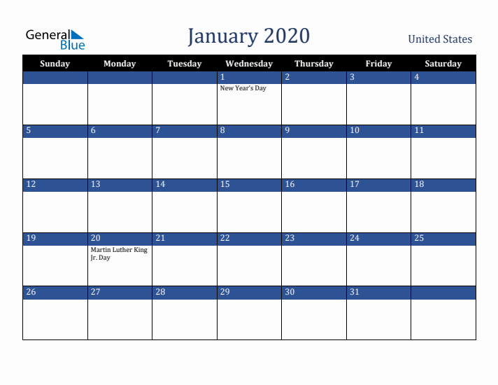 January 2020 United States Calendar (Sunday Start)