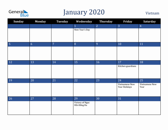 January 2020 Vietnam Calendar (Sunday Start)
