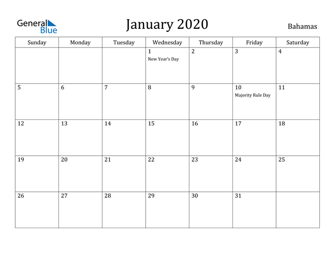Bahamas January 2020 Calendar with Holidays