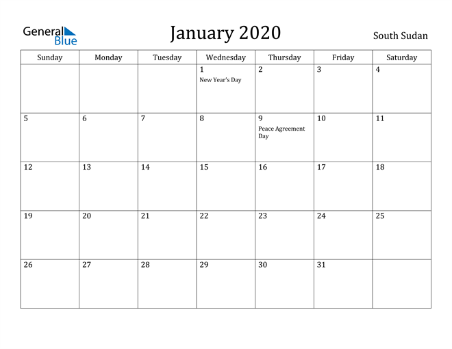 South Sudan January 2020 Calendar With Holidays