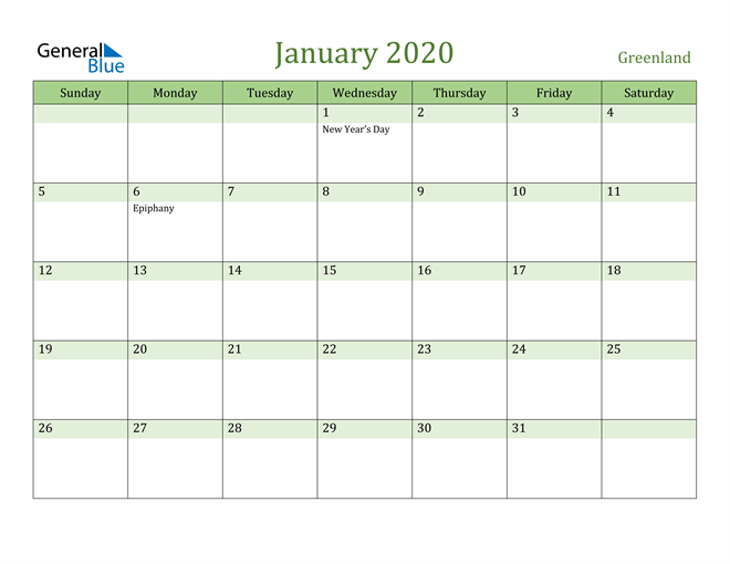 January 2020 Calendar with Greenland Holidays