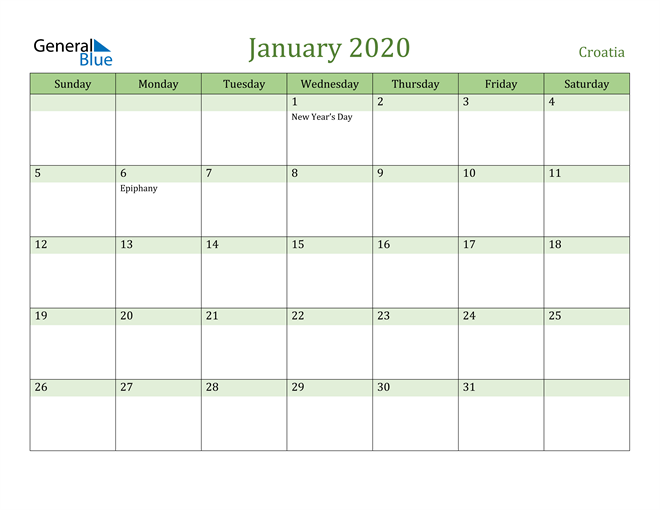 January 2020 Calendar with Croatia Holidays