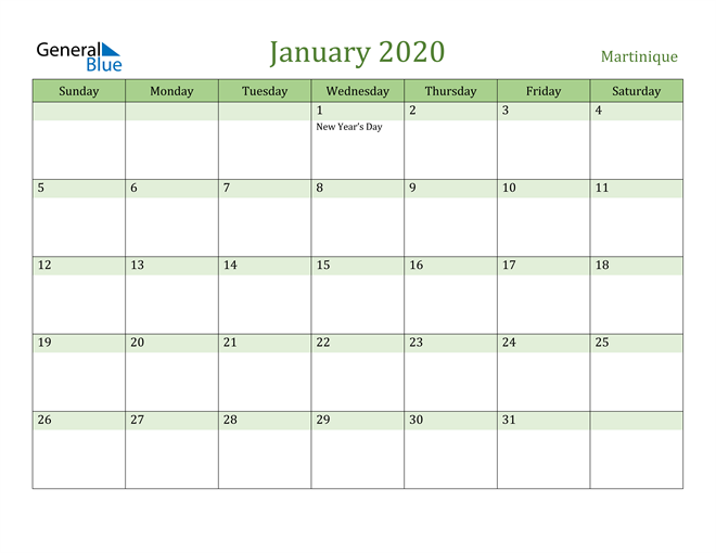 January 2020 Calendar with Martinique Holidays