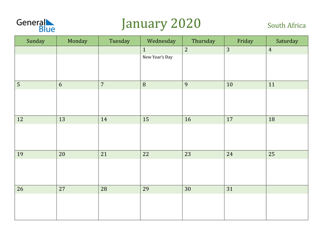 January 2020 Calendar with South Africa Holidays