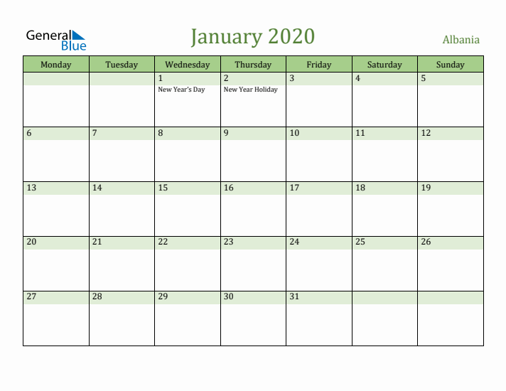 January 2020 Calendar with Albania Holidays