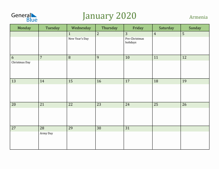 January 2020 Calendar with Armenia Holidays