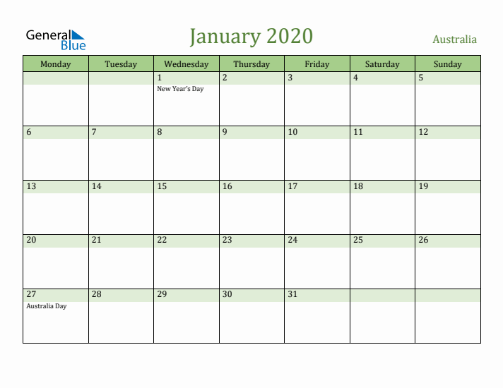January 2020 Calendar with Australia Holidays