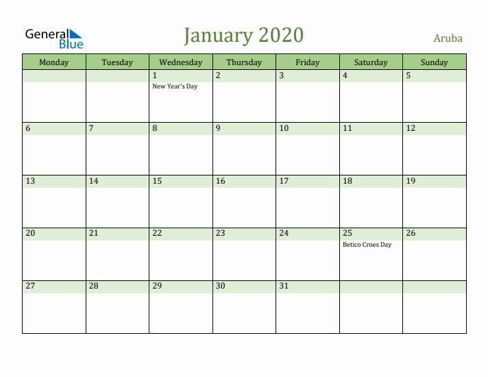 January 2020 Calendar with Aruba Holidays