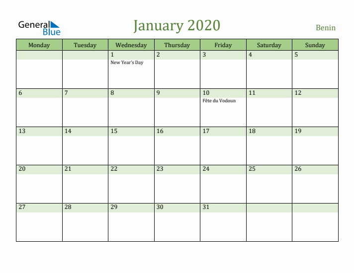January 2020 Calendar with Benin Holidays