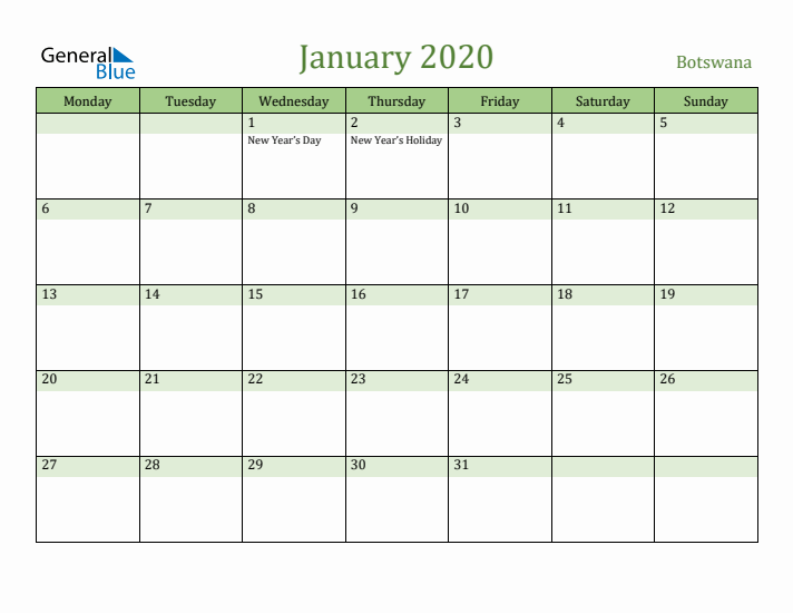 January 2020 Calendar with Botswana Holidays