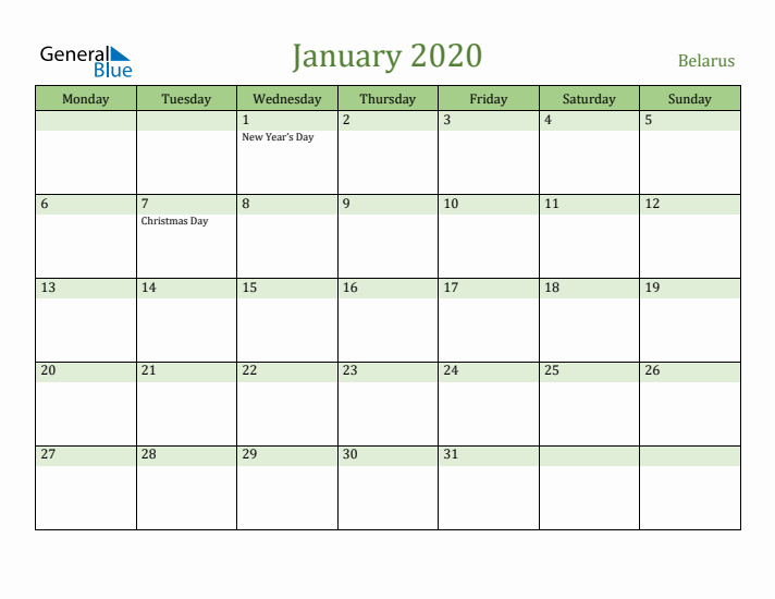 January 2020 Calendar with Belarus Holidays