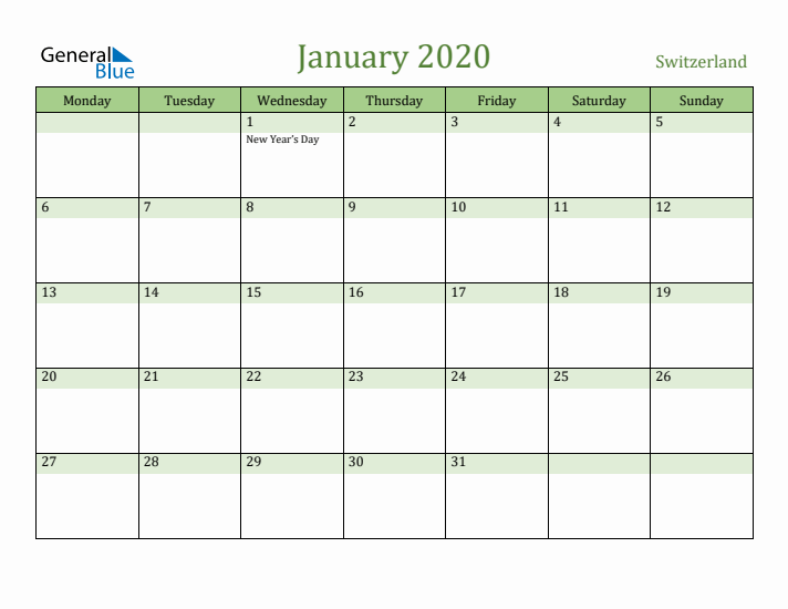 January 2020 Calendar with Switzerland Holidays