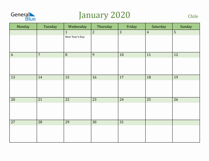 January 2020 Calendar with Chile Holidays