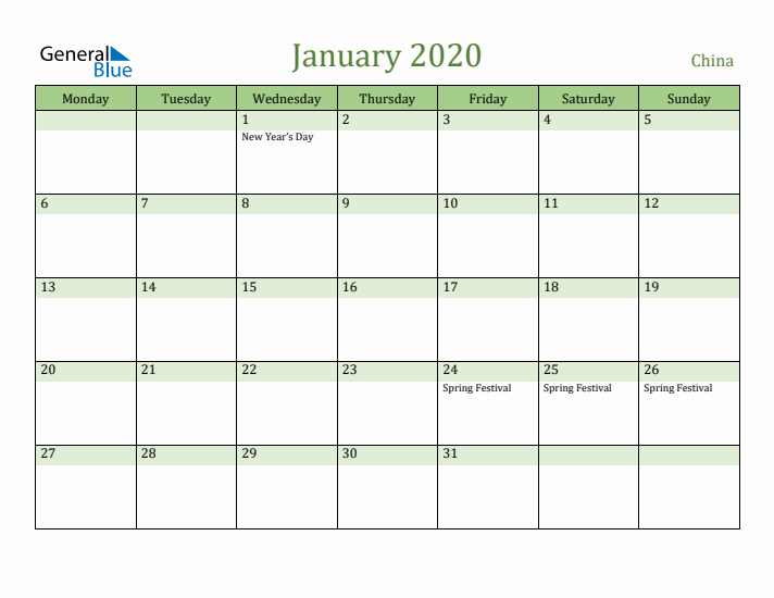 January 2020 Calendar with China Holidays
