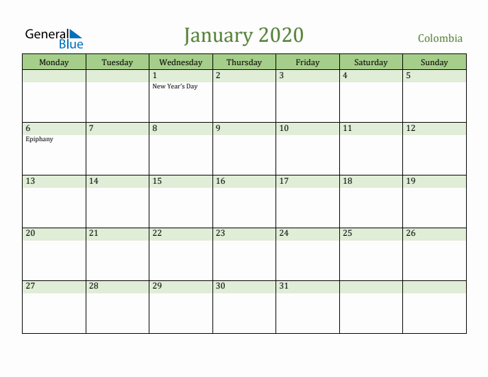 January 2020 Calendar with Colombia Holidays