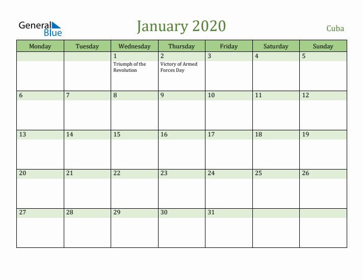 January 2020 Calendar with Cuba Holidays