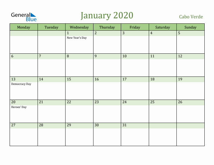 January 2020 Calendar with Cabo Verde Holidays