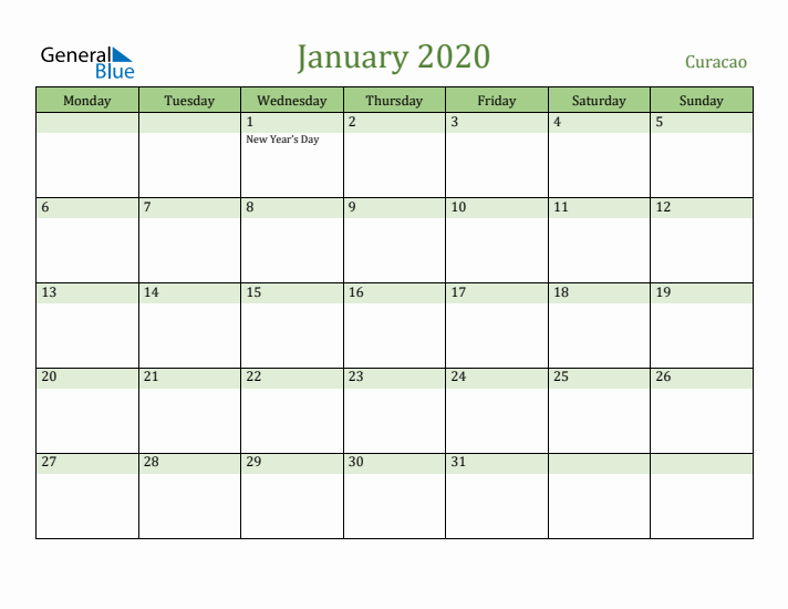 January 2020 Calendar with Curacao Holidays