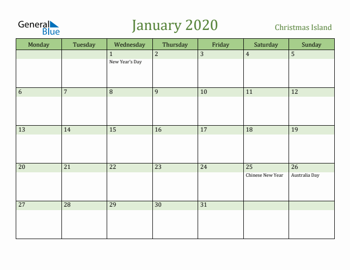 January 2020 Calendar with Christmas Island Holidays
