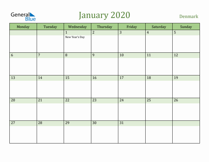 January 2020 Calendar with Denmark Holidays