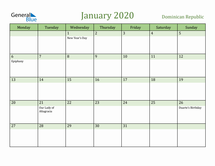 January 2020 Calendar with Dominican Republic Holidays