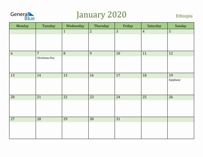 January 2020 Calendar with Ethiopia Holidays